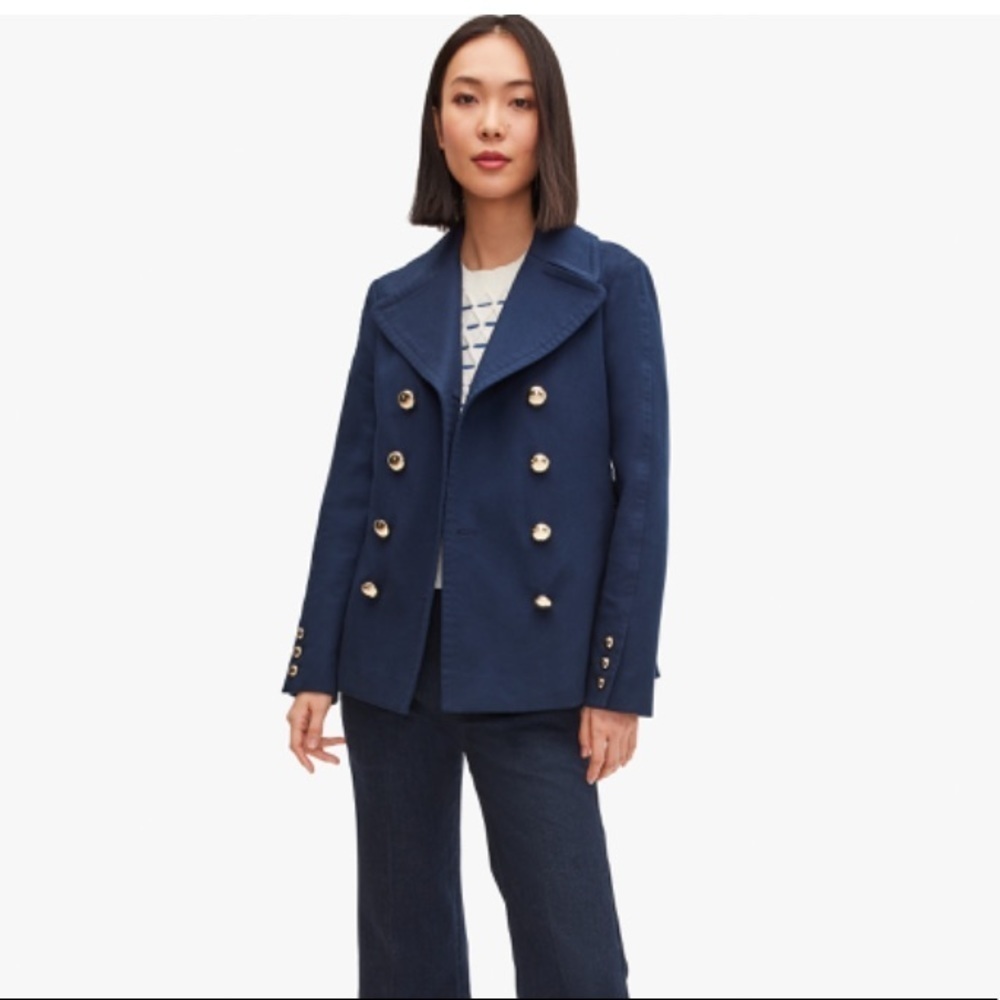 NWT Kate Spade Size 0 Double Breasted Cotton Classic Peacoat Squidink Blue $448